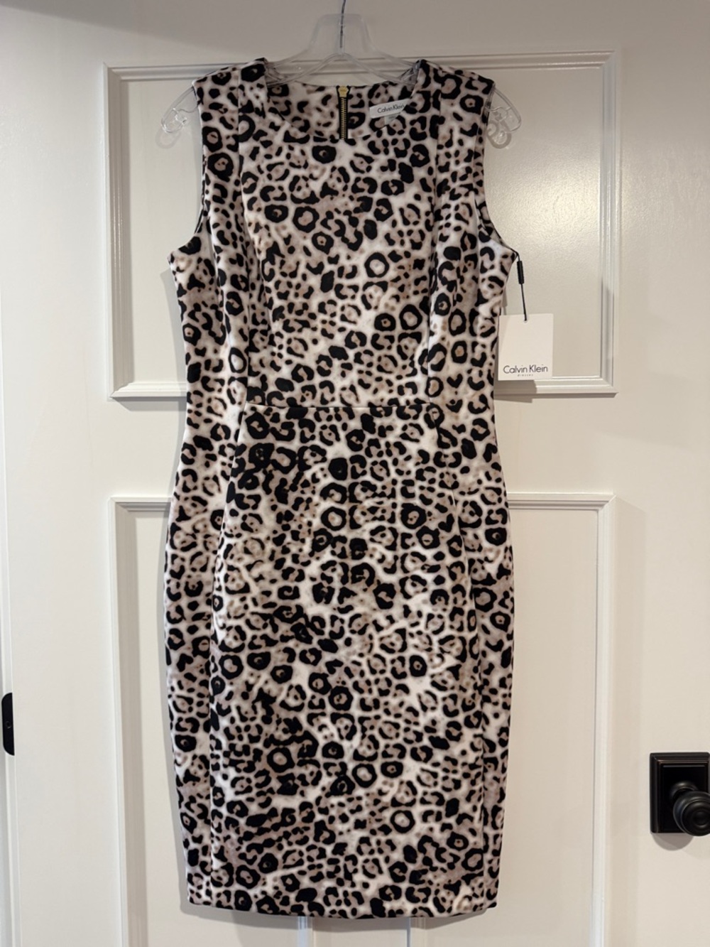 Calvin Klein Leopard Print Sleeveless Midi Dress in Cream and Black Size 10 New